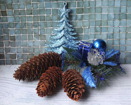 Christmas decorations in blue (herringbone, gift, ball) Merry Christmas and Happy New Year!の写真素材