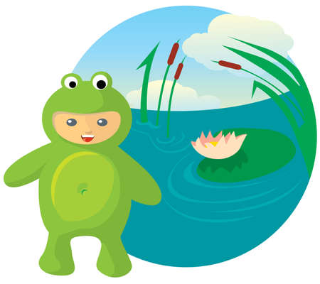 Vector illustration of cute kid wearing masquerade. frogのイラスト素材