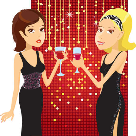 Beautiful women in small black dresses drinking cocktails.のイラスト素材