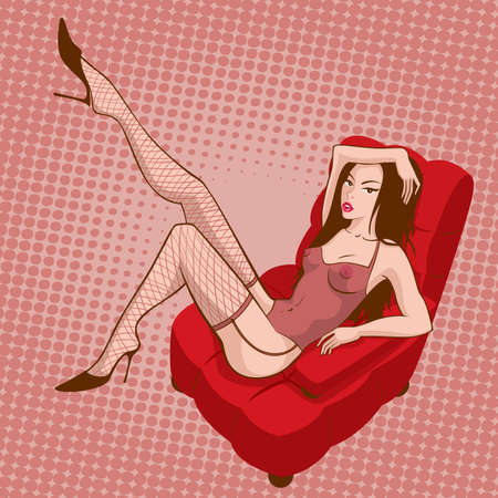 Pinup sexy girl in red armchairのイラスト素材