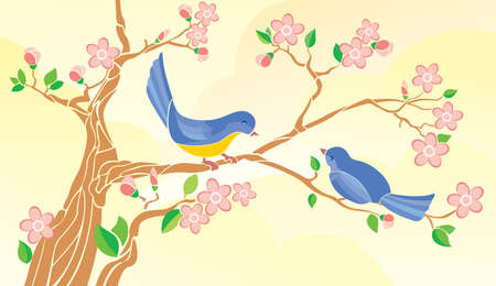 Birds singing on a branch. background.のイラスト素材