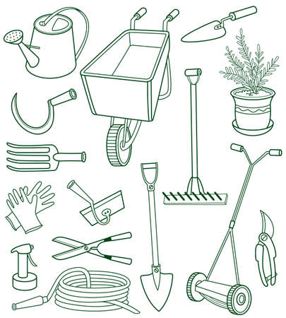 Doodle set of gardening toolsのイラスト素材