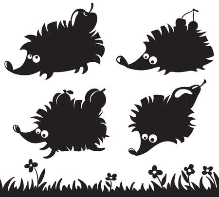 Silhouettes of hedgehogs with fruit on the back and grass simlessのイラスト素材