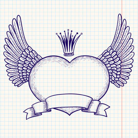 Winged heart banner with crownのイラスト素材