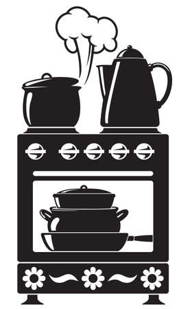 Silhouette of the kitchenware on the kitchen-rangeのイラスト素材
