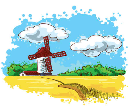 Summer Landscape with a mill on the fieldのイラスト素材