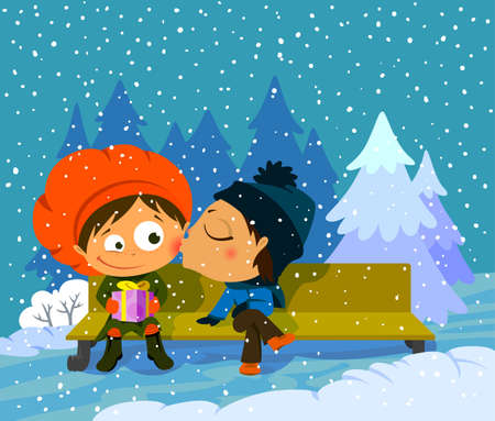 Kiss of the romantic couple on a bench in the winterのイラスト素材
