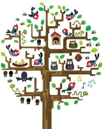 Colourful illustration of stylized tree with inhabitantsのイラスト素材
