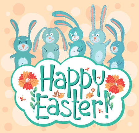 Cute Easter card with banny and birdsのイラスト素材