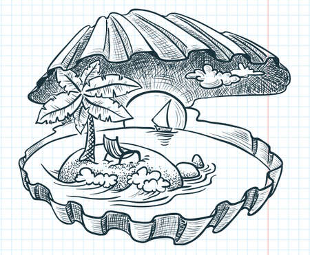Tropical island paradise in the shell, sketchのイラスト素材