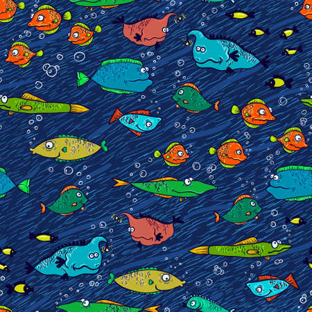 Blue doodle fish seamless pattern のイラスト素材