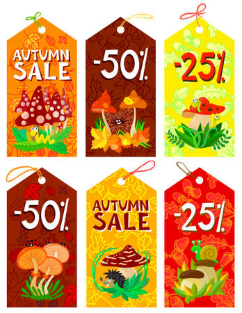 Cute mushrooms autumn tags setのイラスト素材