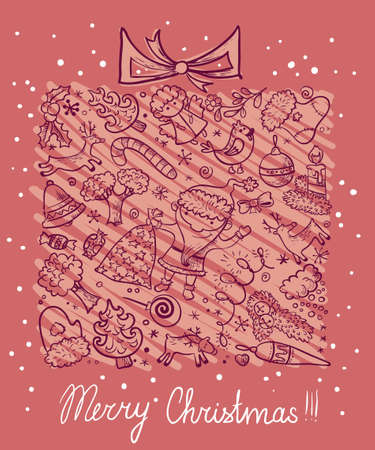 Christmas card with gift doodle silhouetteのイラスト素材