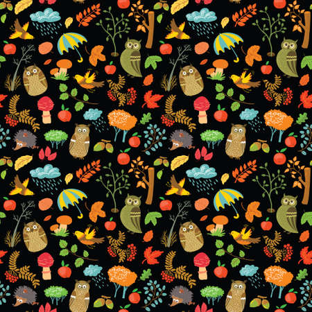 Cute autumn seamless background with owlsのイラスト素材