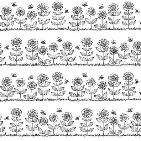 Cute sunflowers and bees doodle seamless patternのイラスト素材