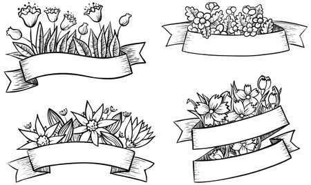 Ribbon with floral doodle setのイラスト素材