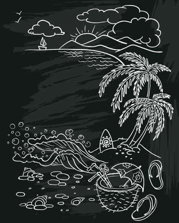 Doodle summer beach poster on chalkboardのイラスト素材