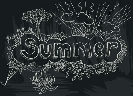 chalkboard poster with summer doodle hand-drawn letteringのイラスト素材
