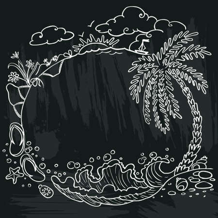 chalkboard poster with tropical paradise summer doodle frameのイラスト素材