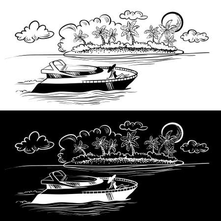 Sketchy tropical seascape with yacht and islandのイラスト素材