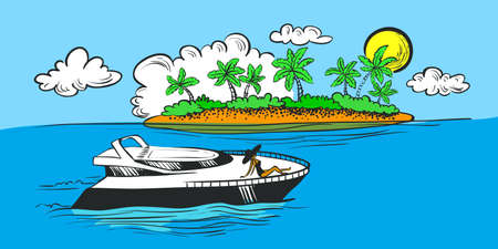 Color tropical seascape with yacht and islandのイラスト素材