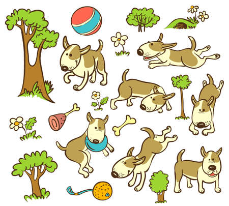 Floral and trees seamless pattern with dogsのイラスト素材