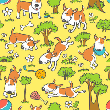 Floral and trees seamless pattern with dogsのイラスト素材
