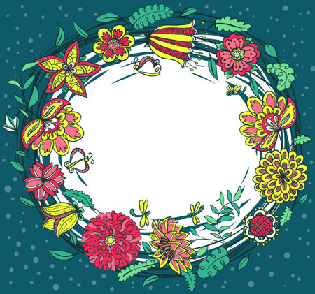 Floral doodle round wreath frameのイラスト素材