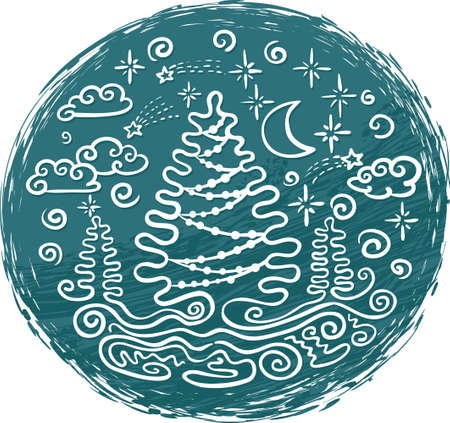 Christmas doodle night landscapeのイラスト素材