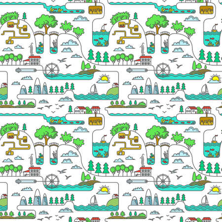 Line art rural landscape seamless patternのイラスト素材