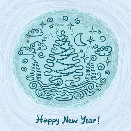 New Year card wirh winter night landscapeのイラスト素材