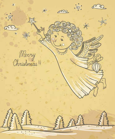 Vintage card with winter landscape and angelのイラスト素材