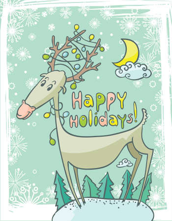 Doodle card with Christmas deer and winter greetingのイラスト素材