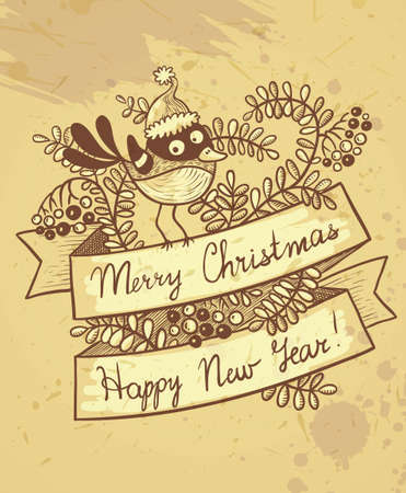 Vintage card with Christmas birdのイラスト素材