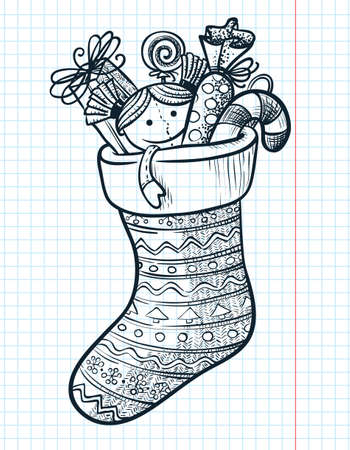 Christmas doodle stocking with giftsのイラスト素材