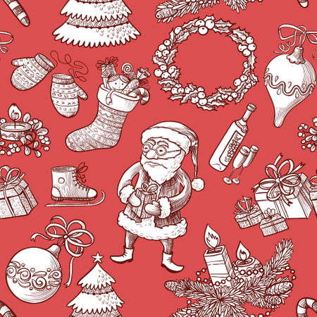 Doodle seamless pattern with Santa and Christmas decorationsのイラスト素材