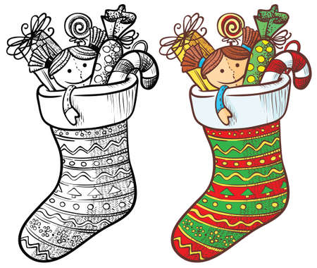 Christmas stocking with gifts, color and doodle versionのイラスト素材