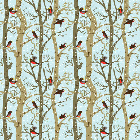 Winter seamless pattern with birds on treesのイラスト素材