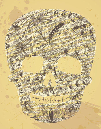 Doodle vintage skull silhouetteのイラスト素材