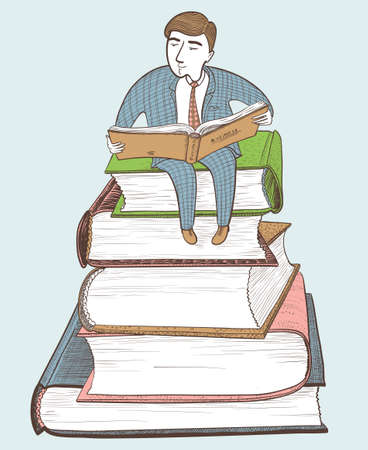 Businessman reading on the mountain of books, color versionのイラスト素材