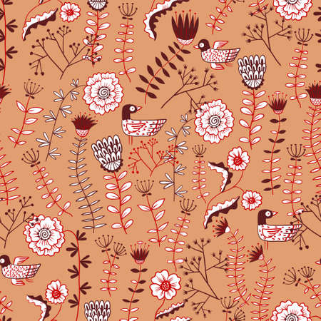 Abstract floral doodle seamless pattern with birdsのイラスト素材