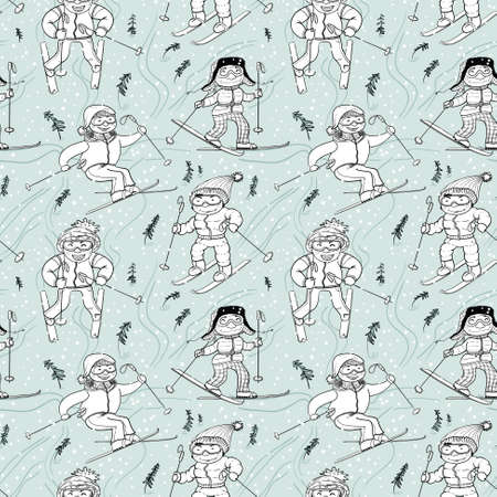 Cute doodle skiers seamless patternのイラスト素材