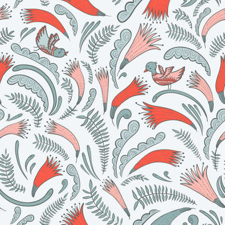 Abstract floral doodle seamless pattern with birdsのイラスト素材