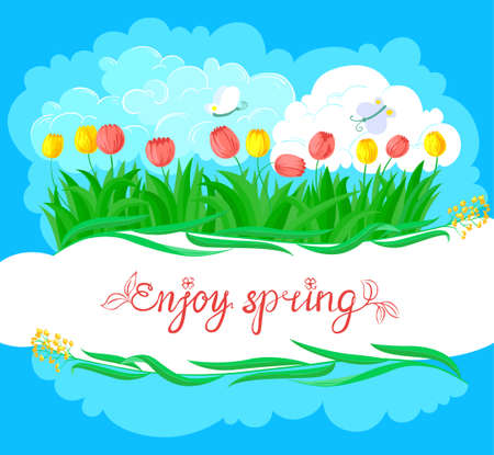 Spring background with tulips and butterflyのイラスト素材