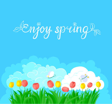 Spring background with tulips and butterflyのイラスト素材