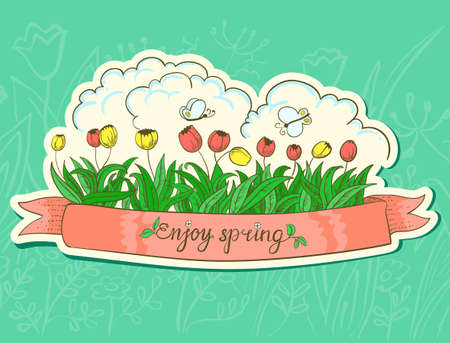 Spring sticker with tulips and butterflyのイラスト素材