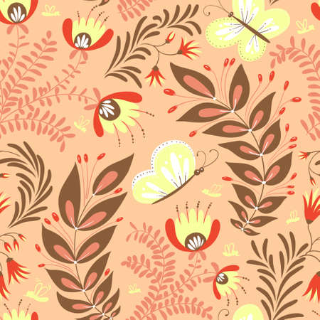 Pink floral seamless pattern with butterfyのイラスト素材