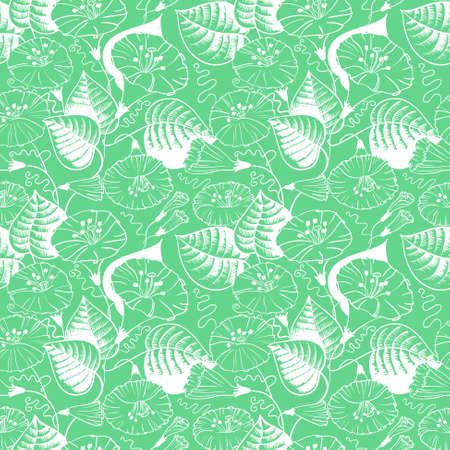 Green and white floral doodle seamless patternのイラスト素材