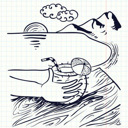 Hand-drawn doodle illustration with coconut cocktail on the beachのイラスト素材