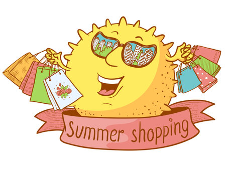 Cute doodle sun character with shopping bagsのイラスト素材